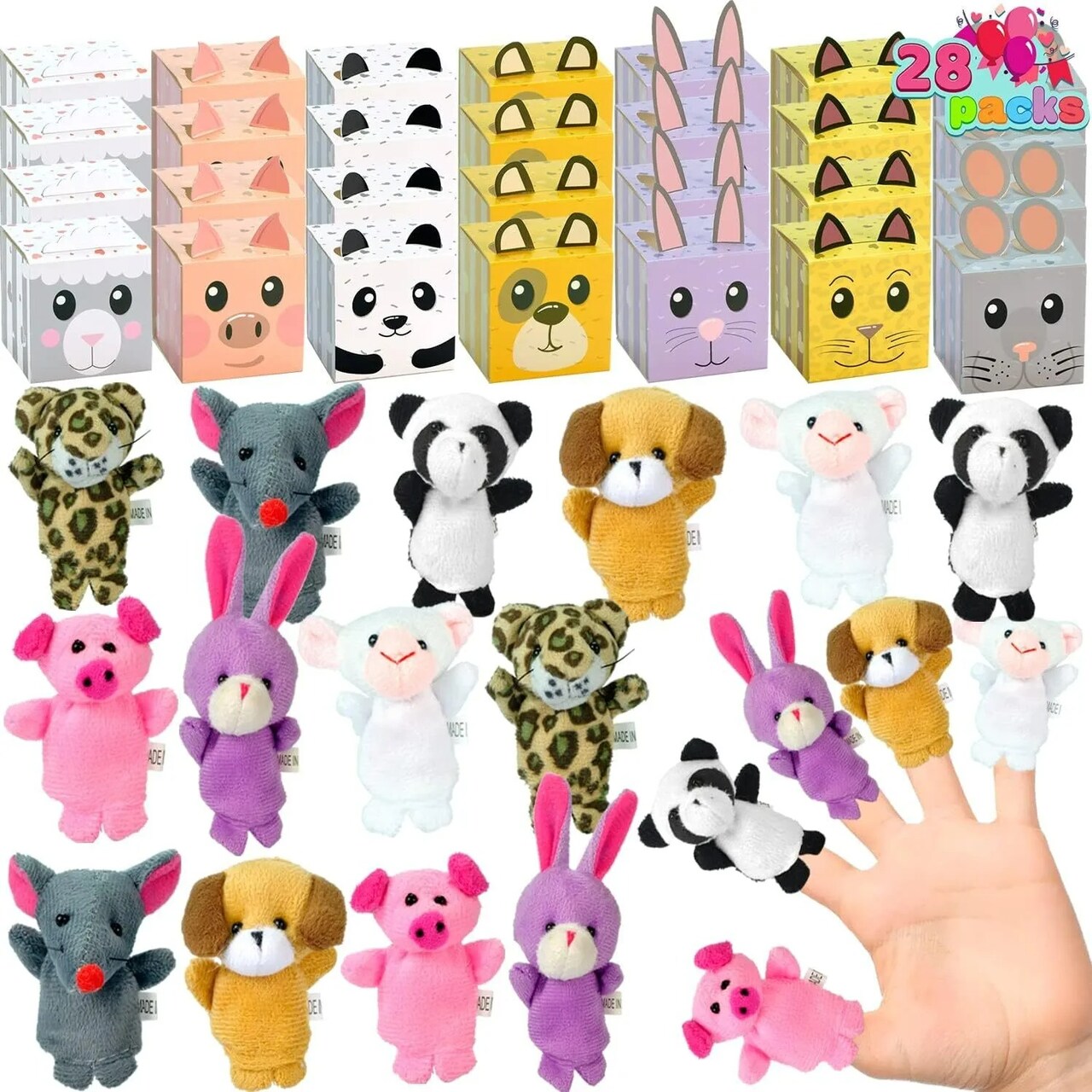 Kids Valentines Day Gift 28 Packs Valentine 3D Animal Boxes with Finger Puppet